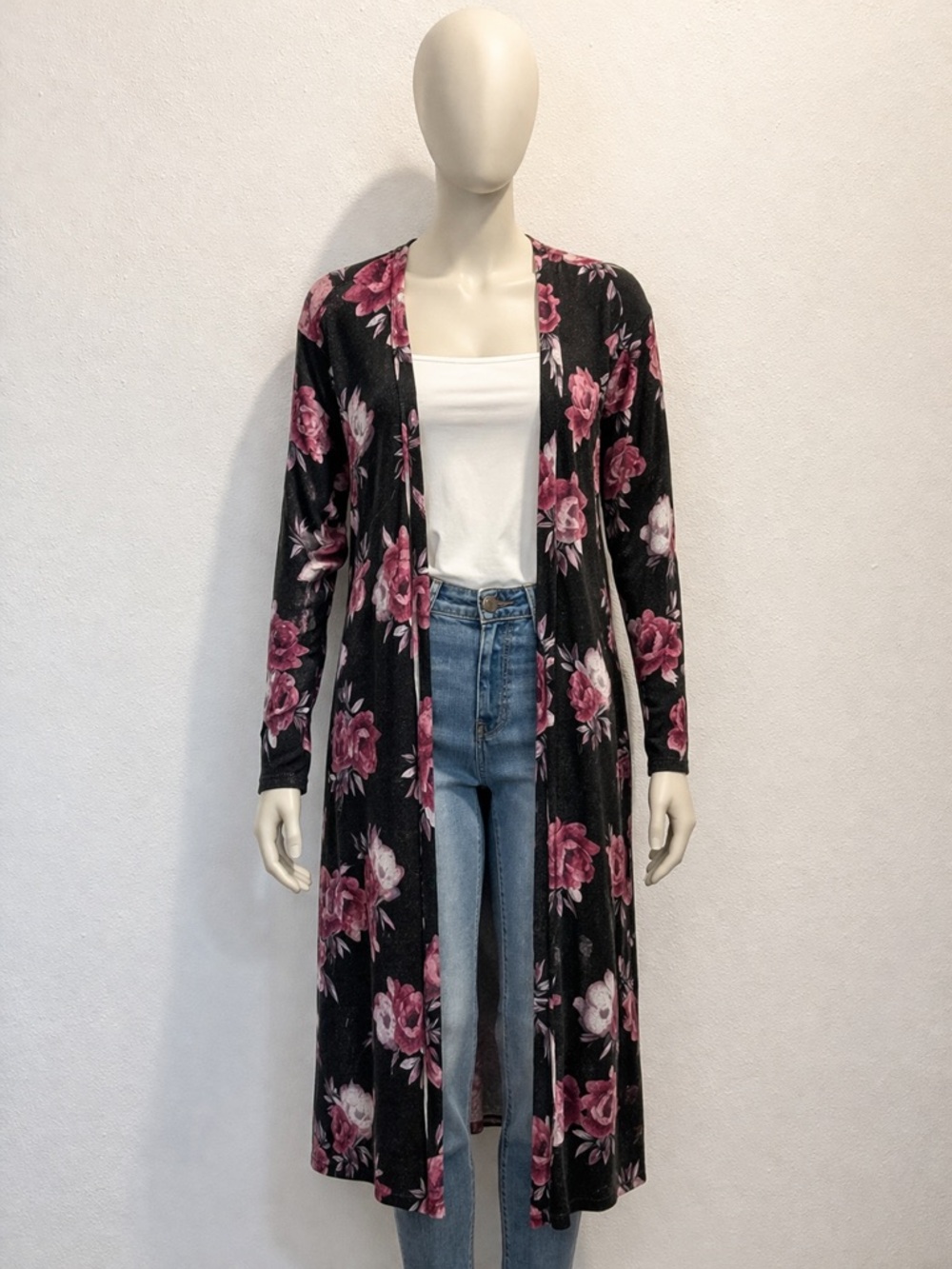 Long Black Floral Open-Front Cardigan Sweater - Pink Rose Print